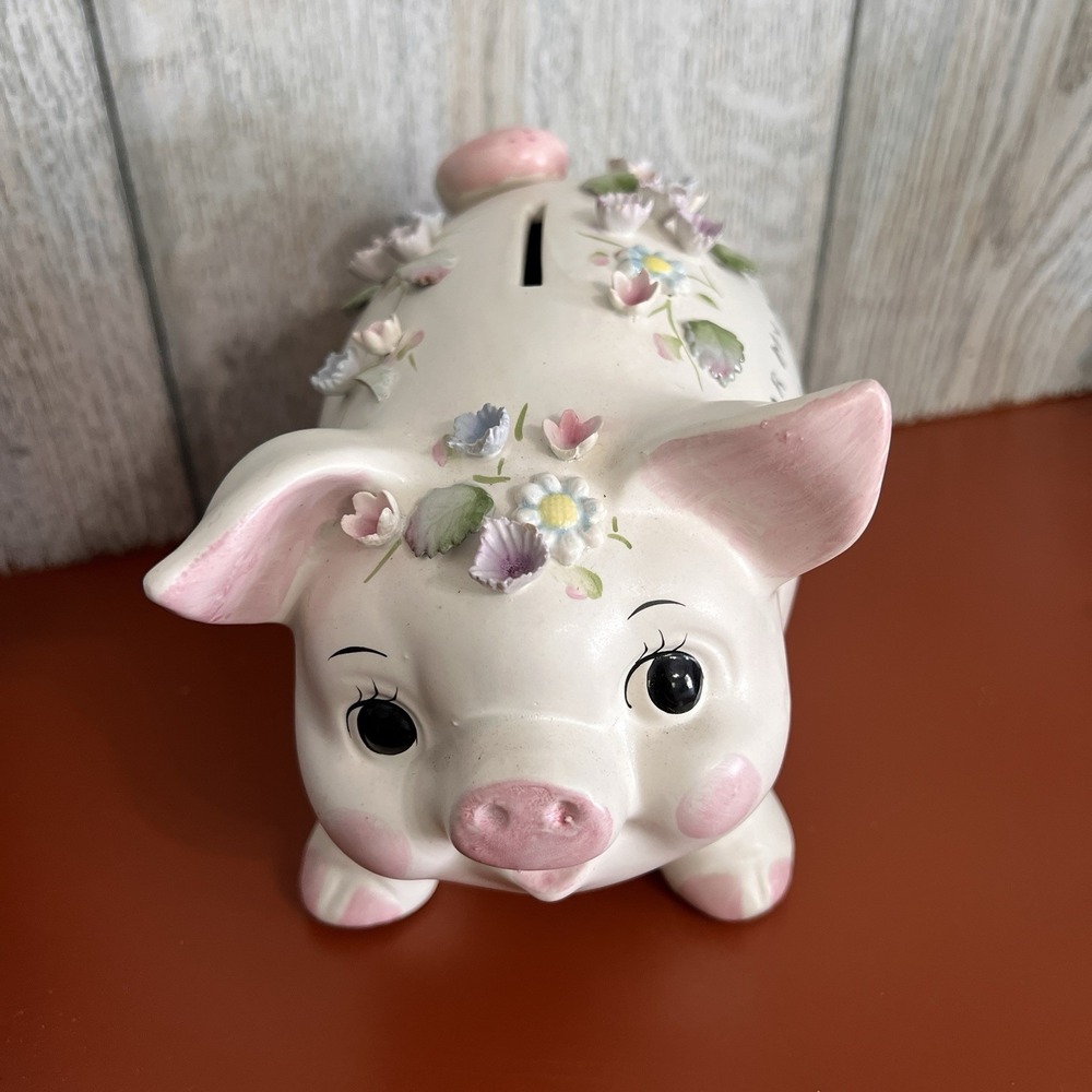 Vintage Norcrest Ceramic White Pig Piggy Bank Applied Roses Japan Napco 1950's